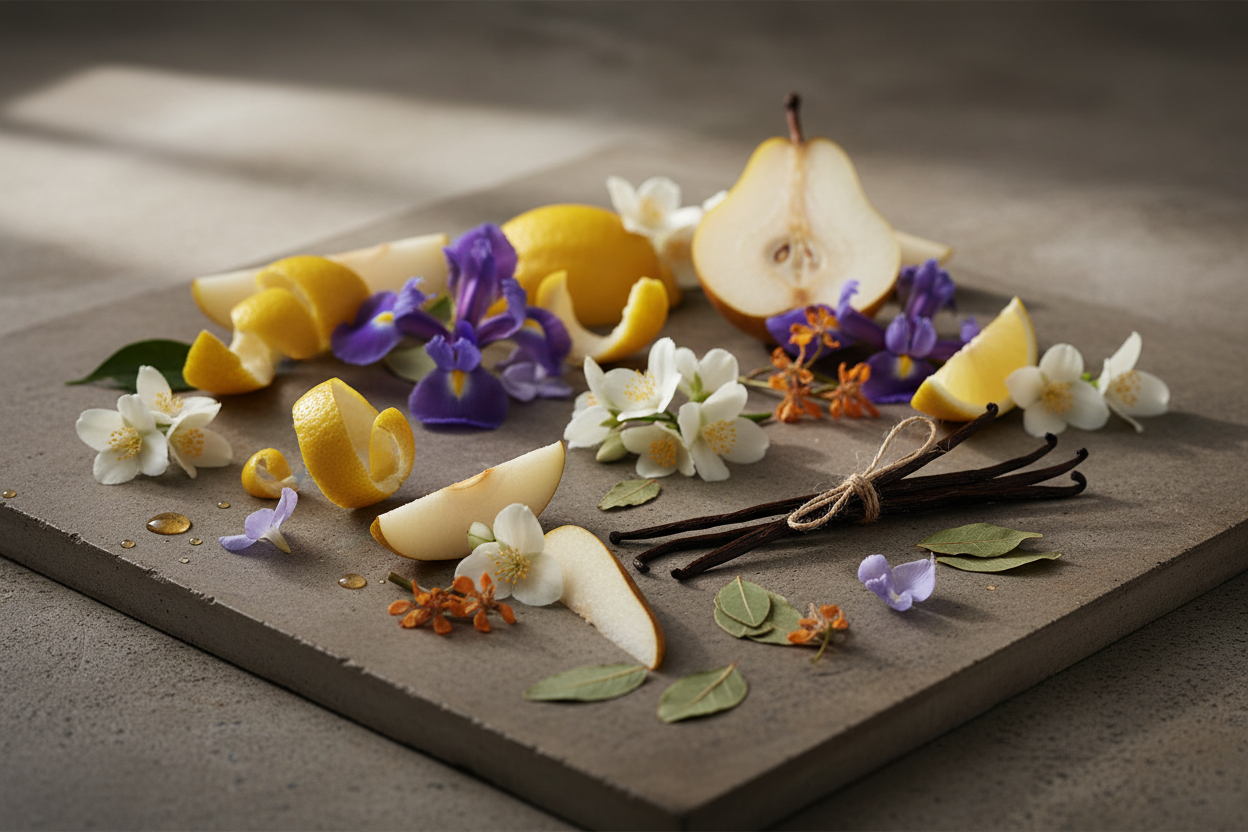 Lifestyle photo with pear, lemon, iris, jasmine, orange blossom, violet, vanilla, and patchouli