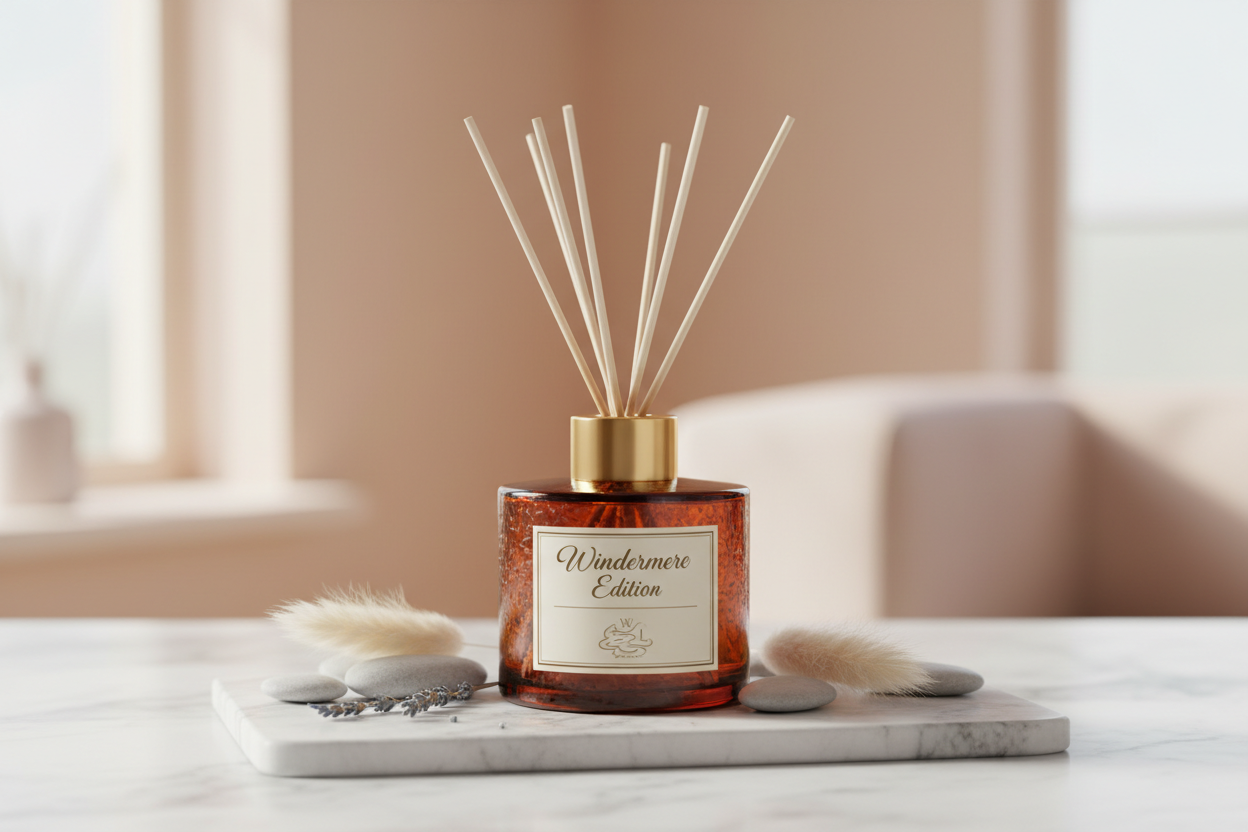 reed diffuser windermere edition with windermelt lakes logo. lux setup