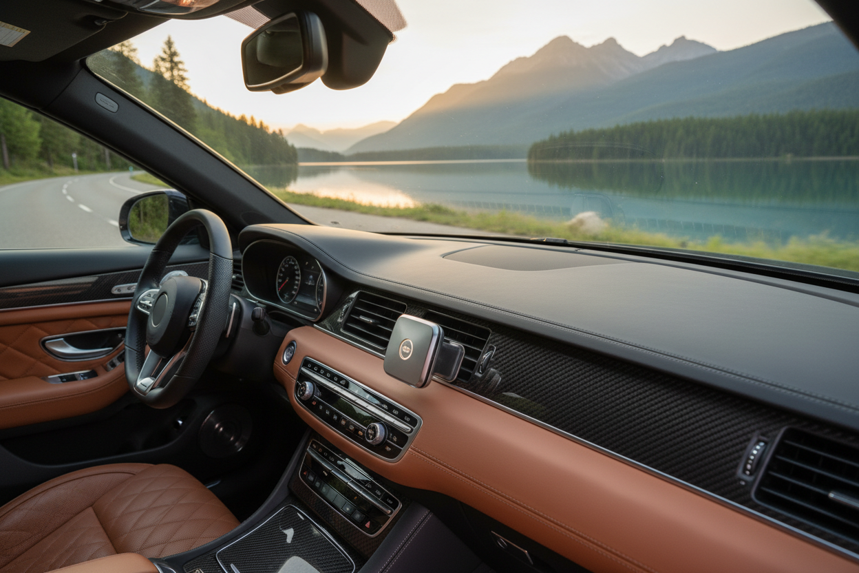 car freshener in the vent luxurious car driving next to lakeside
