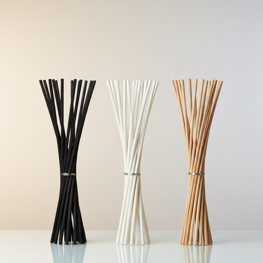 diffuser reeds in black white and natural wood colour, only reed