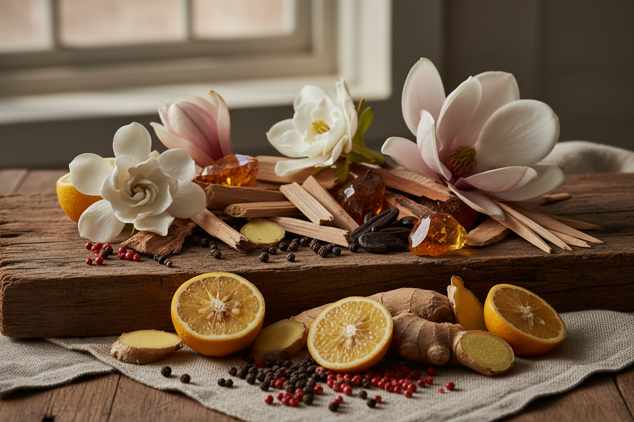 Lifestyle photo with fragrance ingredients only, no bottle