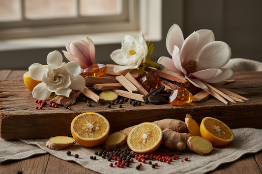 Lifestyle photo with fragrance ingredients only, no bottle