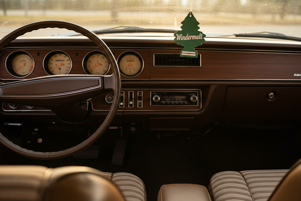 oldschool car interior highliting car freshener with windermelt logo