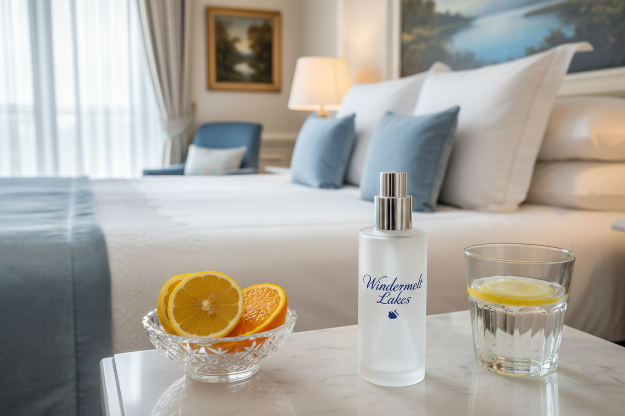 pillow mist with windermelt lakes logo in a windermere hotel luxury setup. fresh water and citrus note