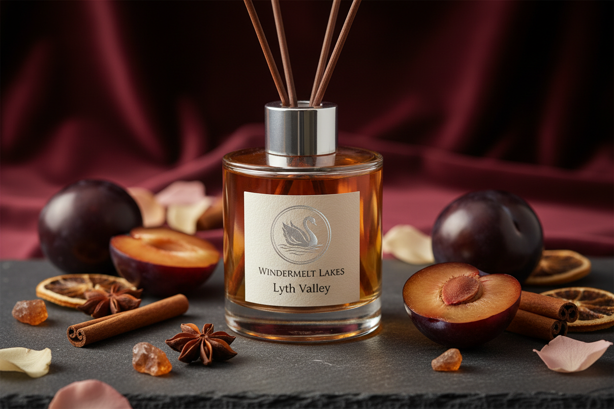 reed diffuser refill, windermelt lakes logo on the product, lyth valley edition, plum, spices, rose, amber on the background, product highlight