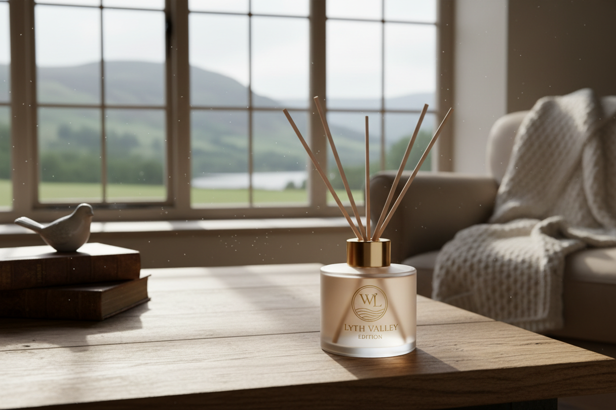 reed diffusor lyth valley edition with windermelt lakes logo in beautiful cottage setup
