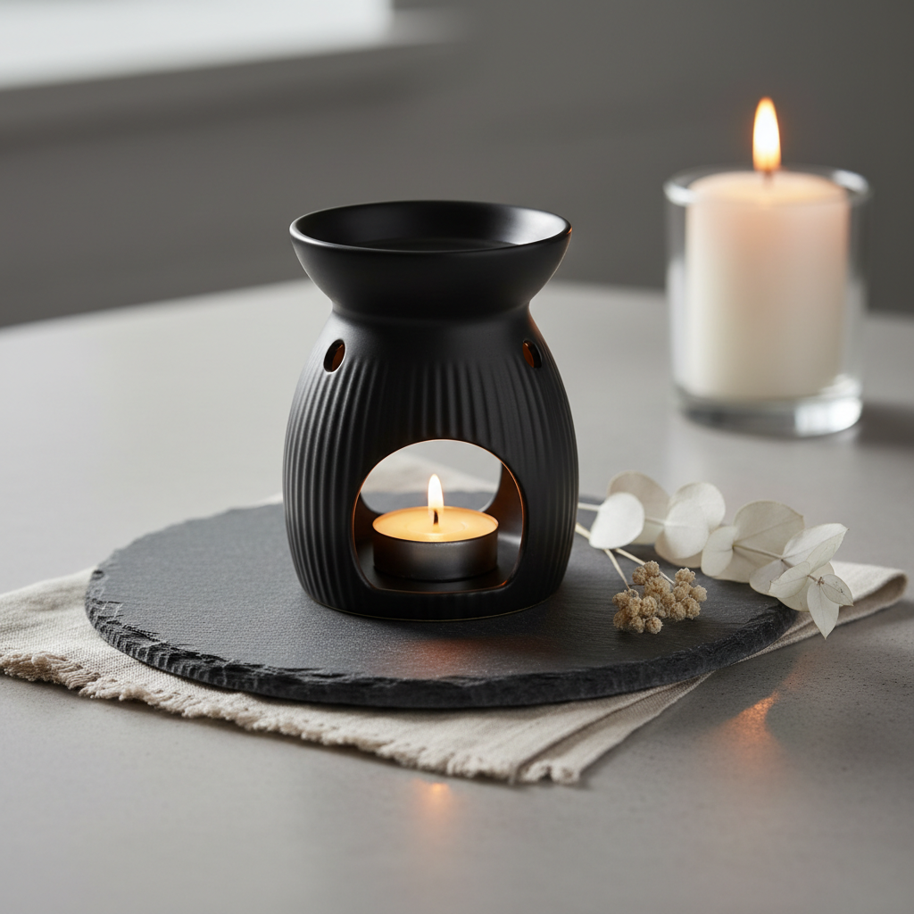 wax melt burner on round slate plate, luxurious setup