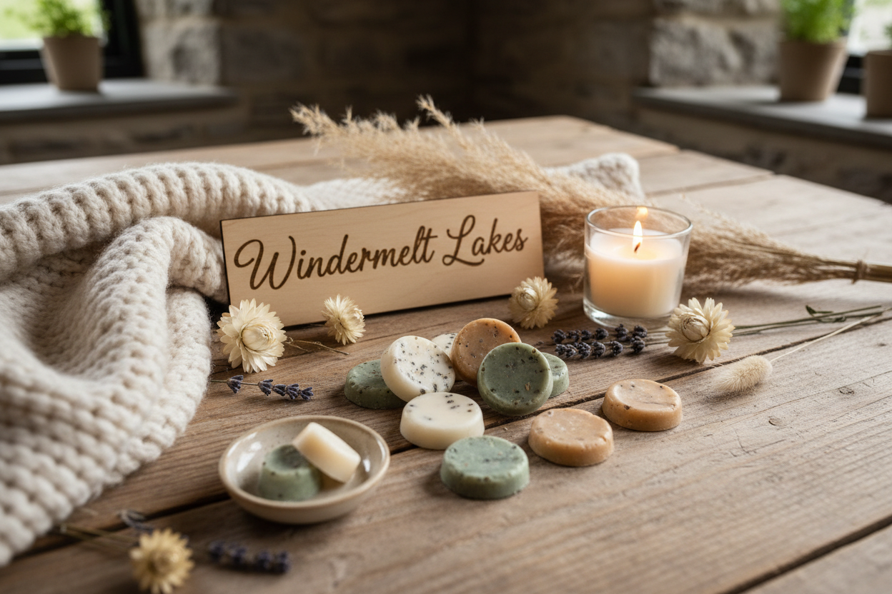 wax melt cottage calm setup with windermelt lakes logo