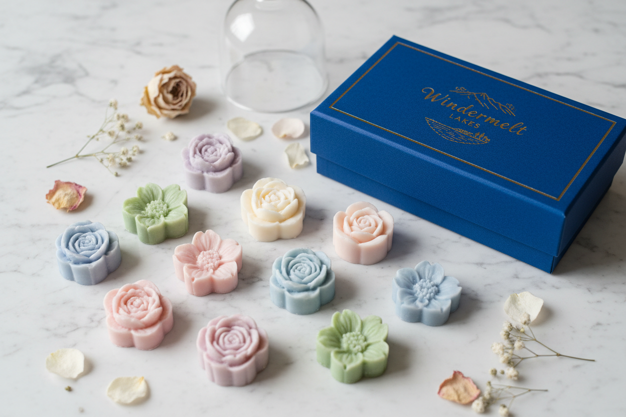 wax melt floral shape with a box says windermelt lakes in a luxurious setip