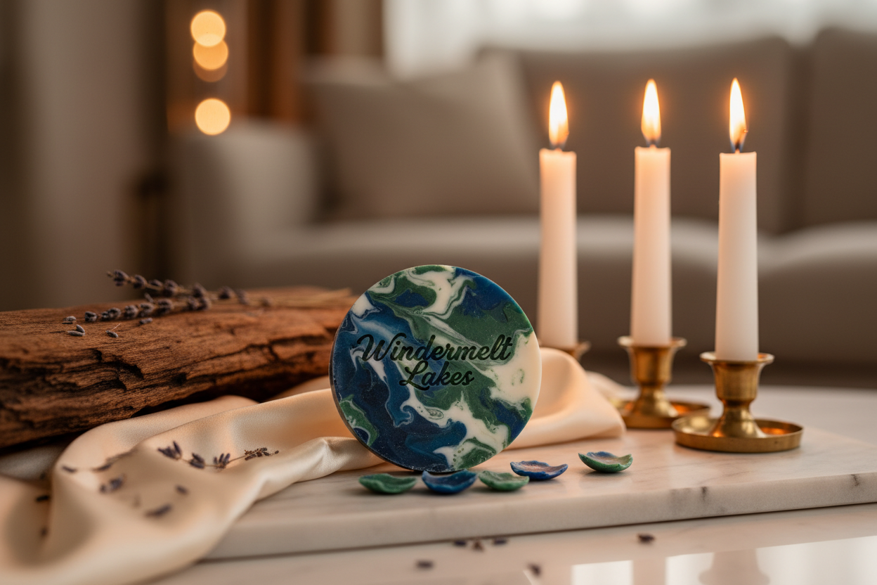 windermelt lakes logo wax melt in real life setup luxuriour